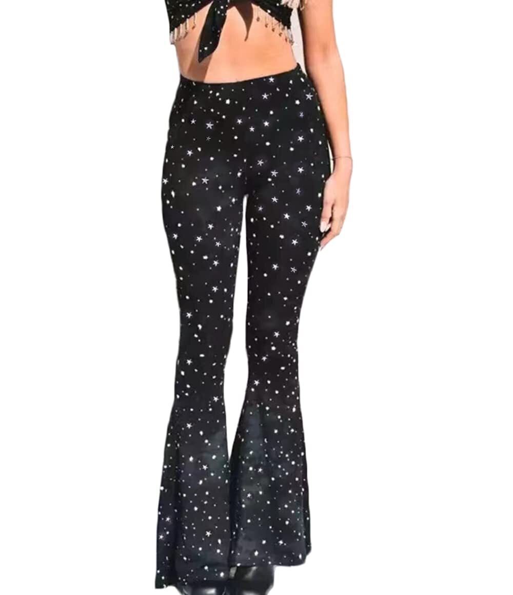2751 Sparkle Star Studded Flare Pants Bell Bottom Pants Rave Festival